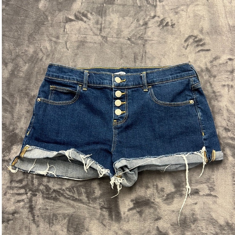 Old Navy Boyfriend Shorts Womens 6 Blue Denim Cotton Stretch Button Fly Raw Hem